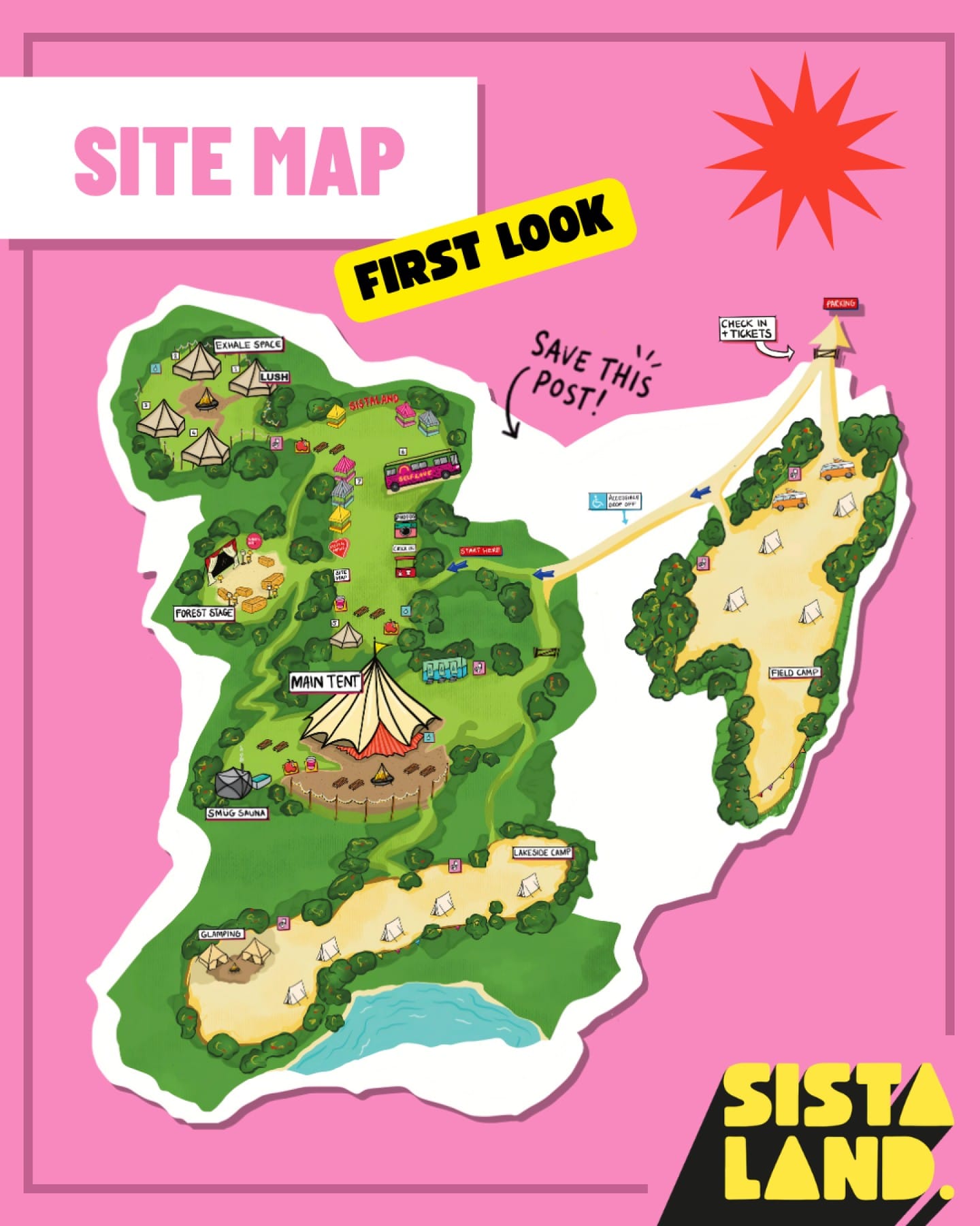 Illustrated site map for Sistaland Festival.