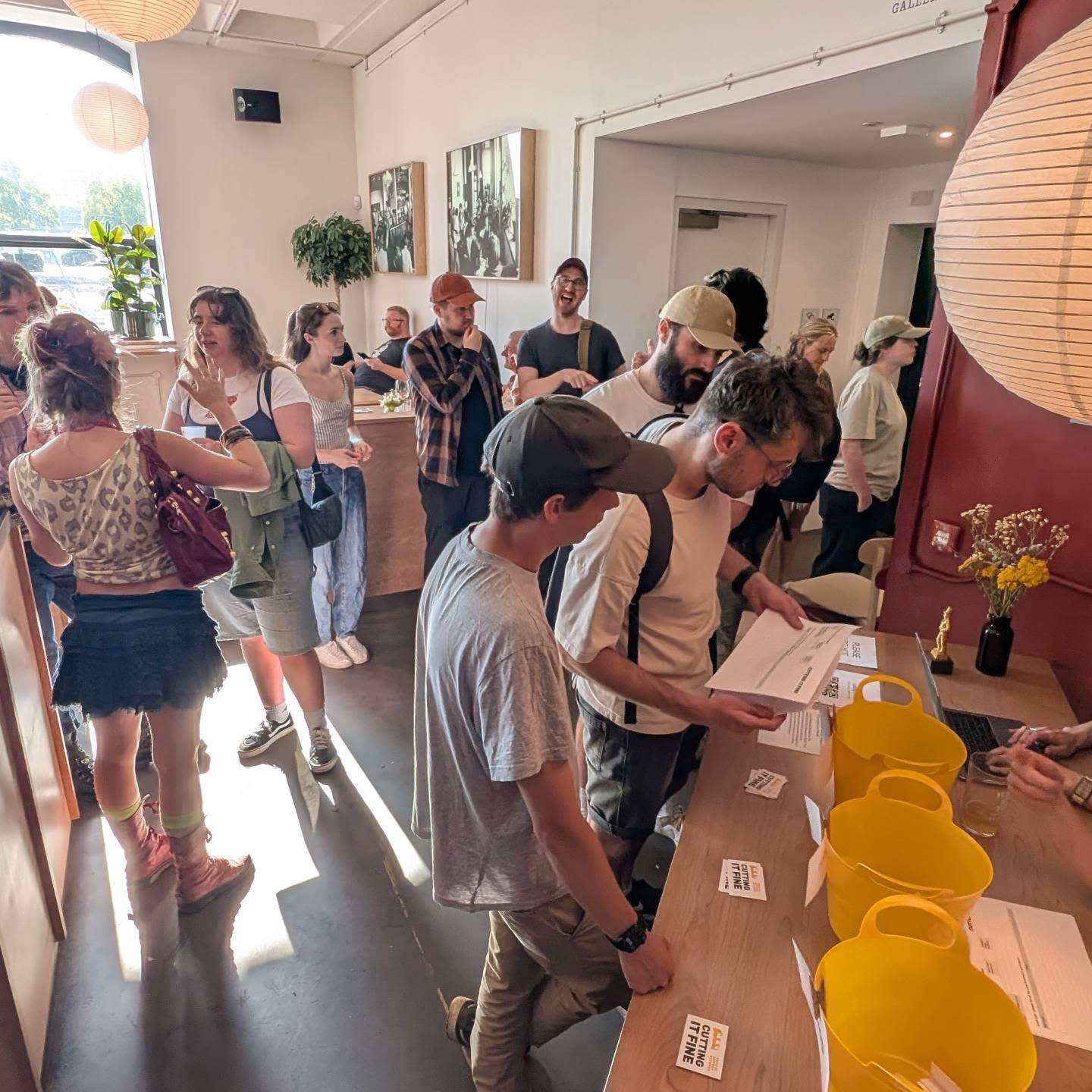 Filmmakers queuing up to the prompts desk.