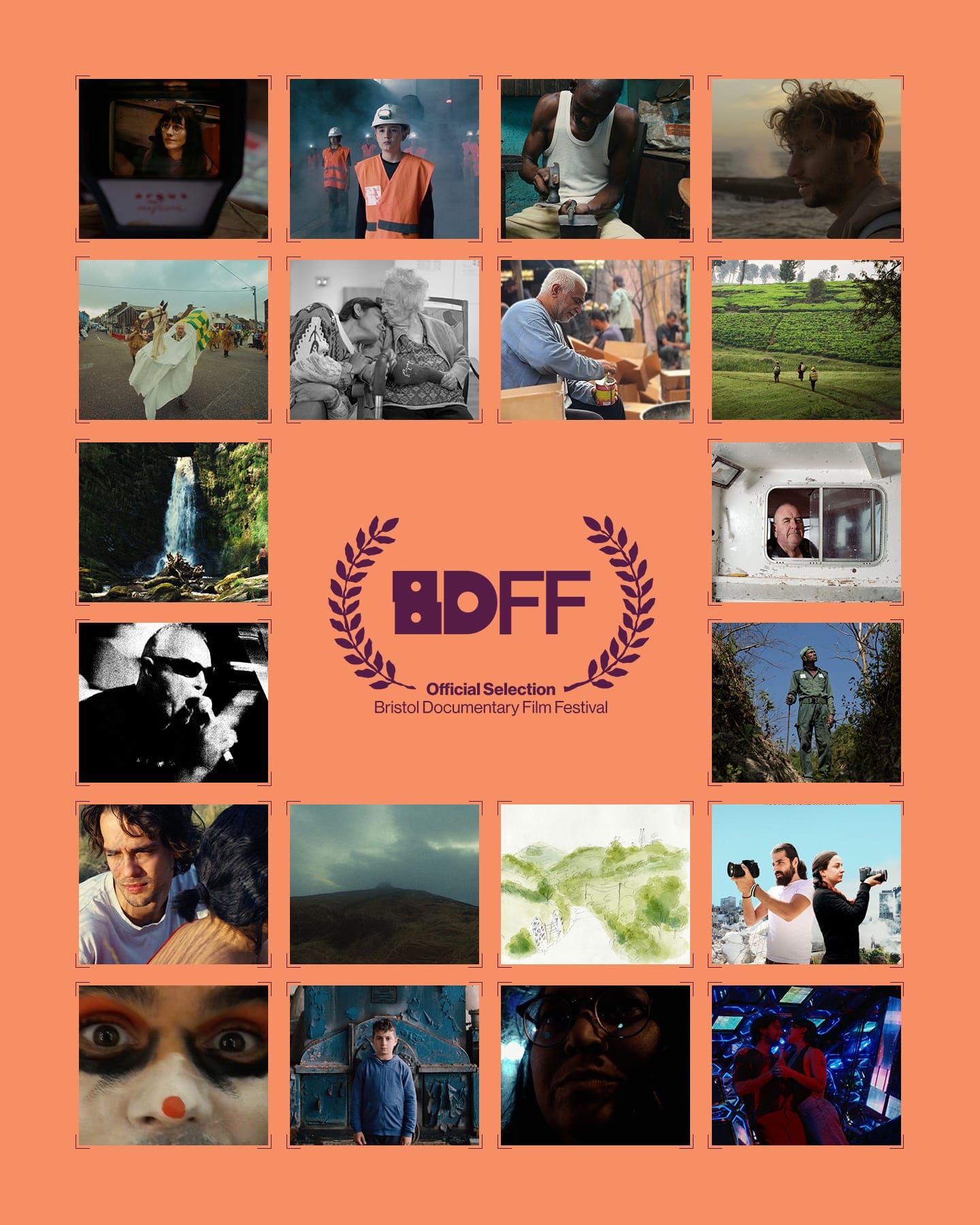 Stills from the selected films with the Bristol Documentary Film Festival's logo.