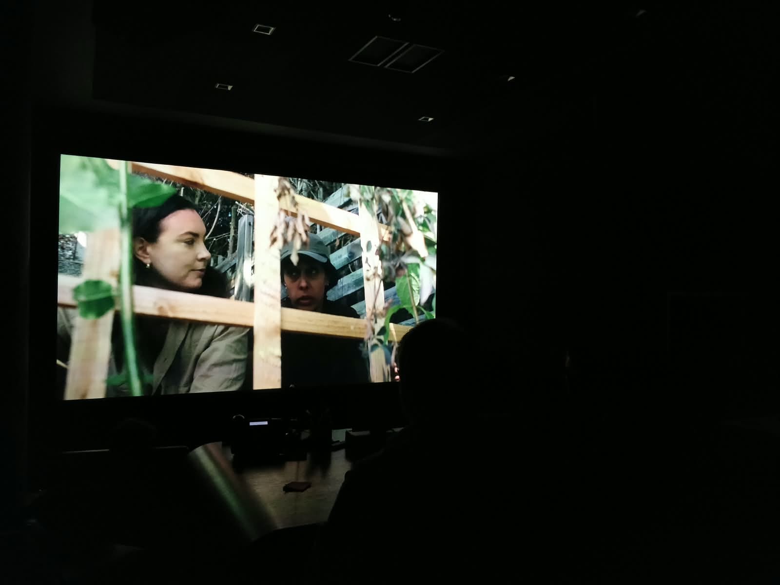 A dark screening room with two actors on screen in a garden setting.