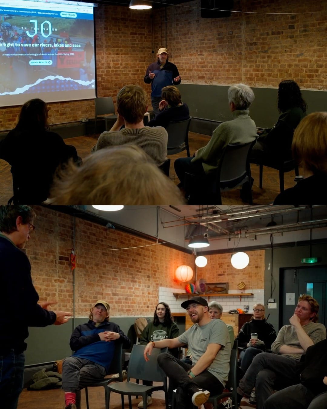 Filmmakers presenting their work to a group.