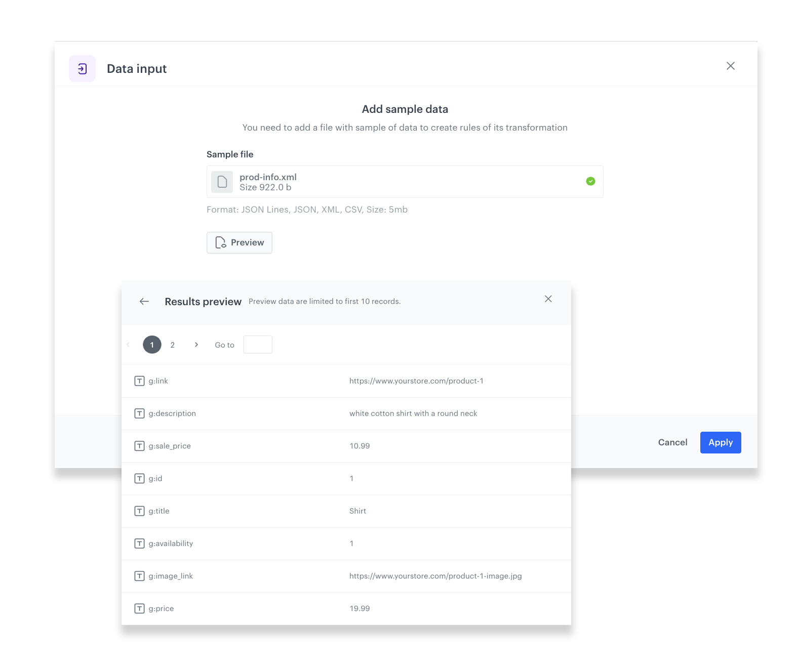 Synerise data transformation preview showing XML/JSON data visualization with transformation effects at each stage