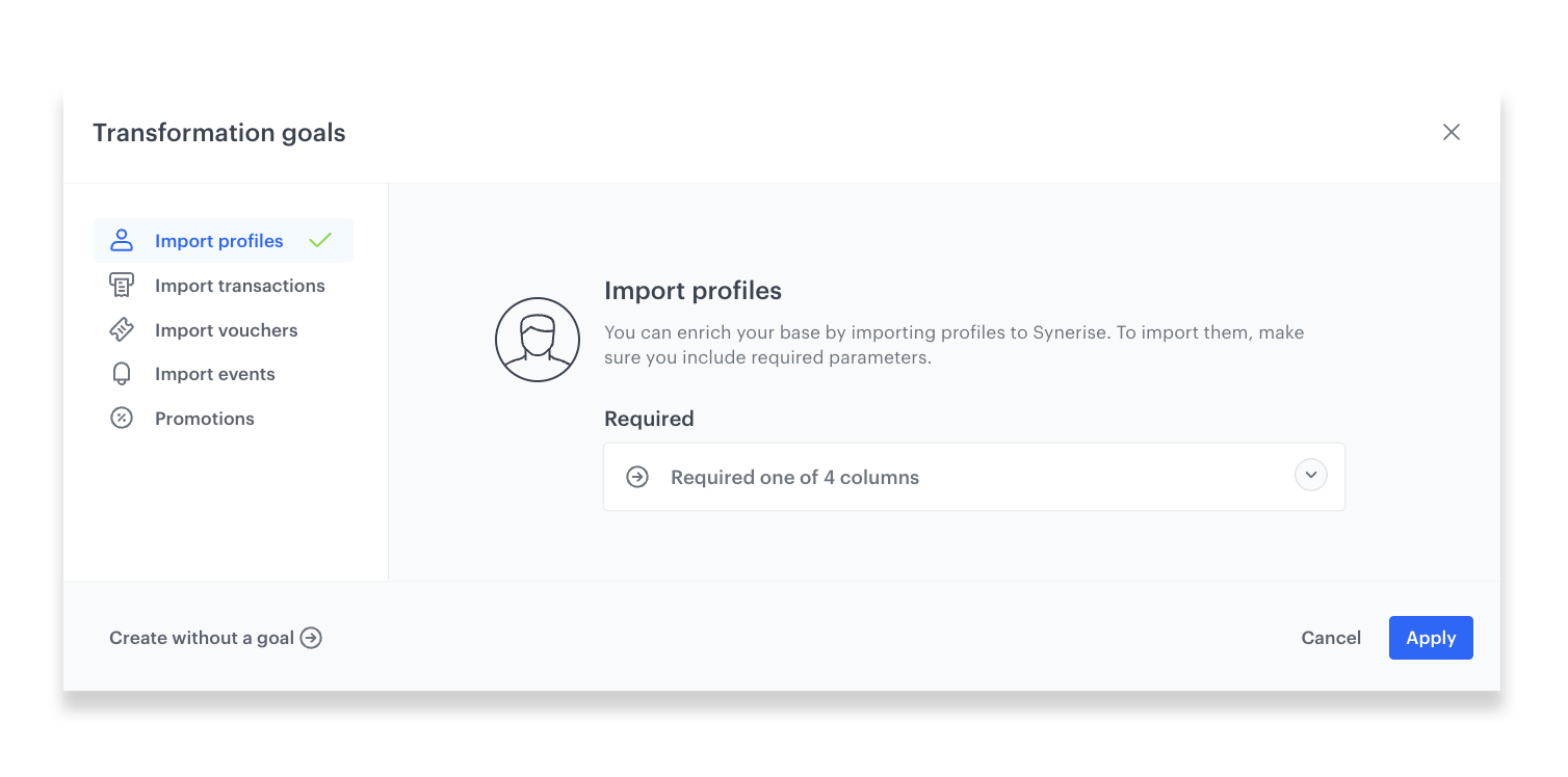 Synerise refreshed transformation goals showing optional goal selection with field suggestions for import