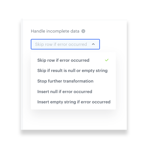 Synerise data transformation error handling configuration showing 5 available options per transformation rule