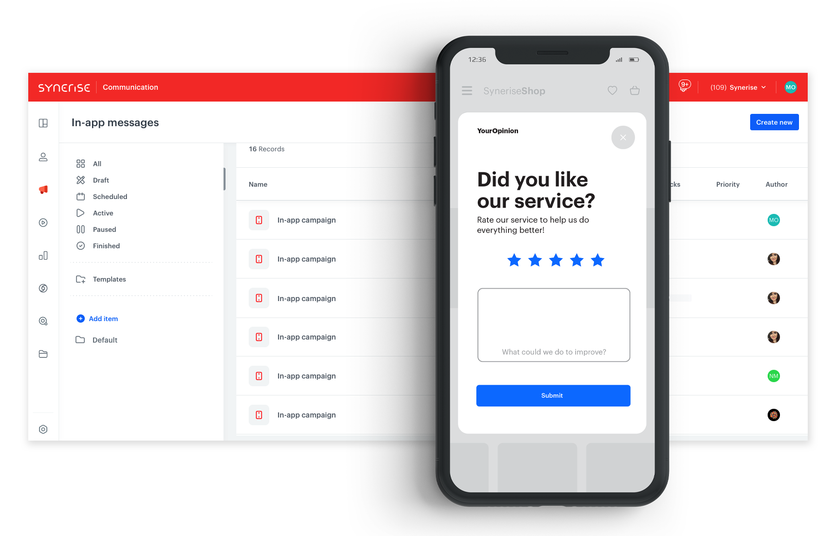 Synerise in-app NPS survey collecting user feedback during active app engagement