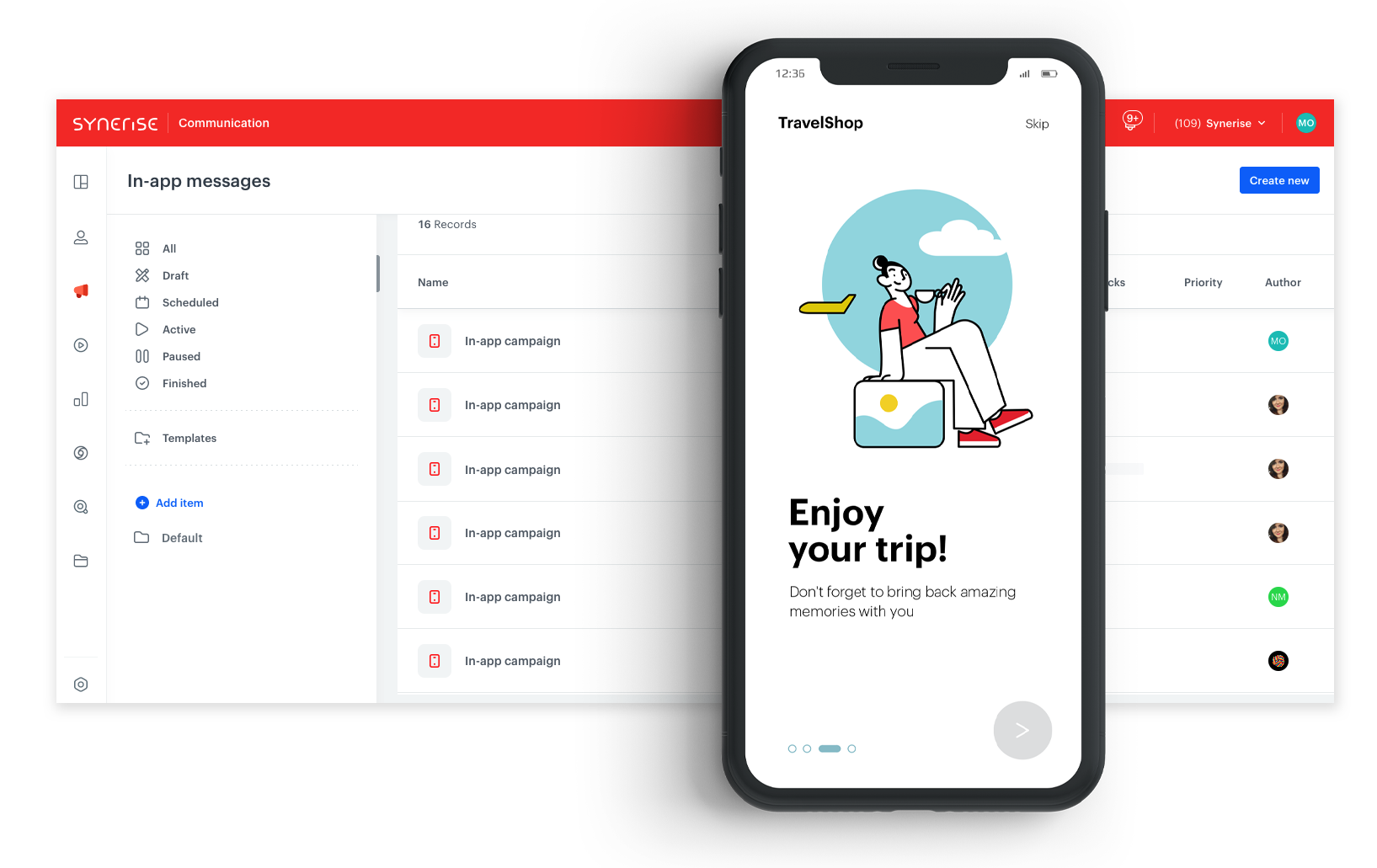 Synerise in-app message showing an onboarding tour guiding users through key app features