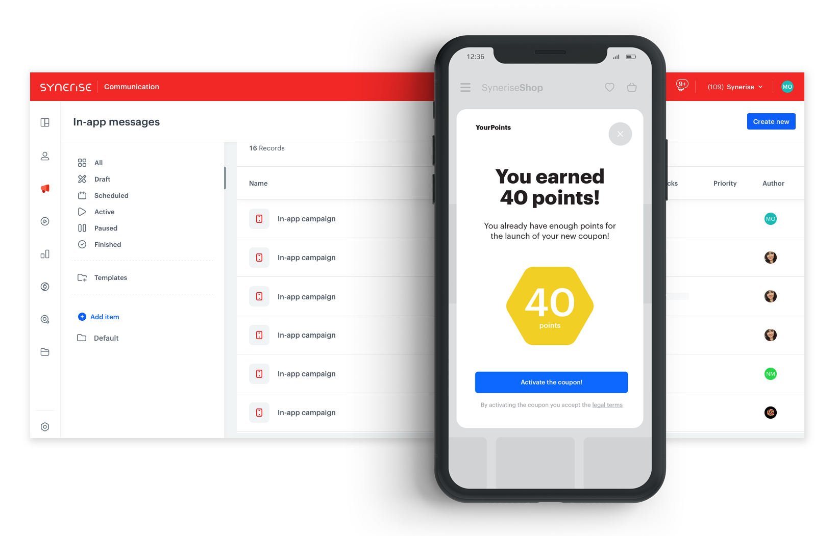 Synerise in-app gamification scenario showing interactive reward and engagement mechanics
