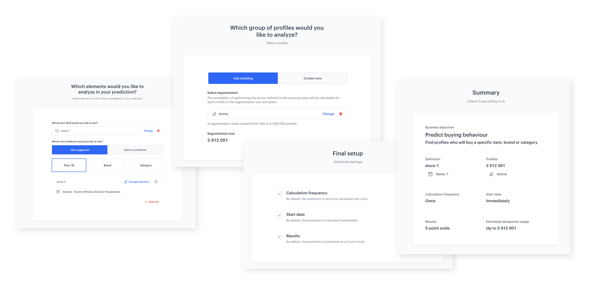 Synerise prediction template step-by-step configuration form with progress bar and business objective selection