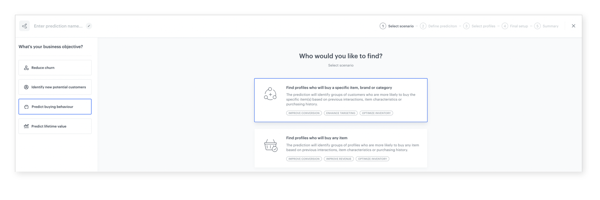 Synerise Predictions module showing the choice between predefined template scenarios and creating a prediction from scratch
