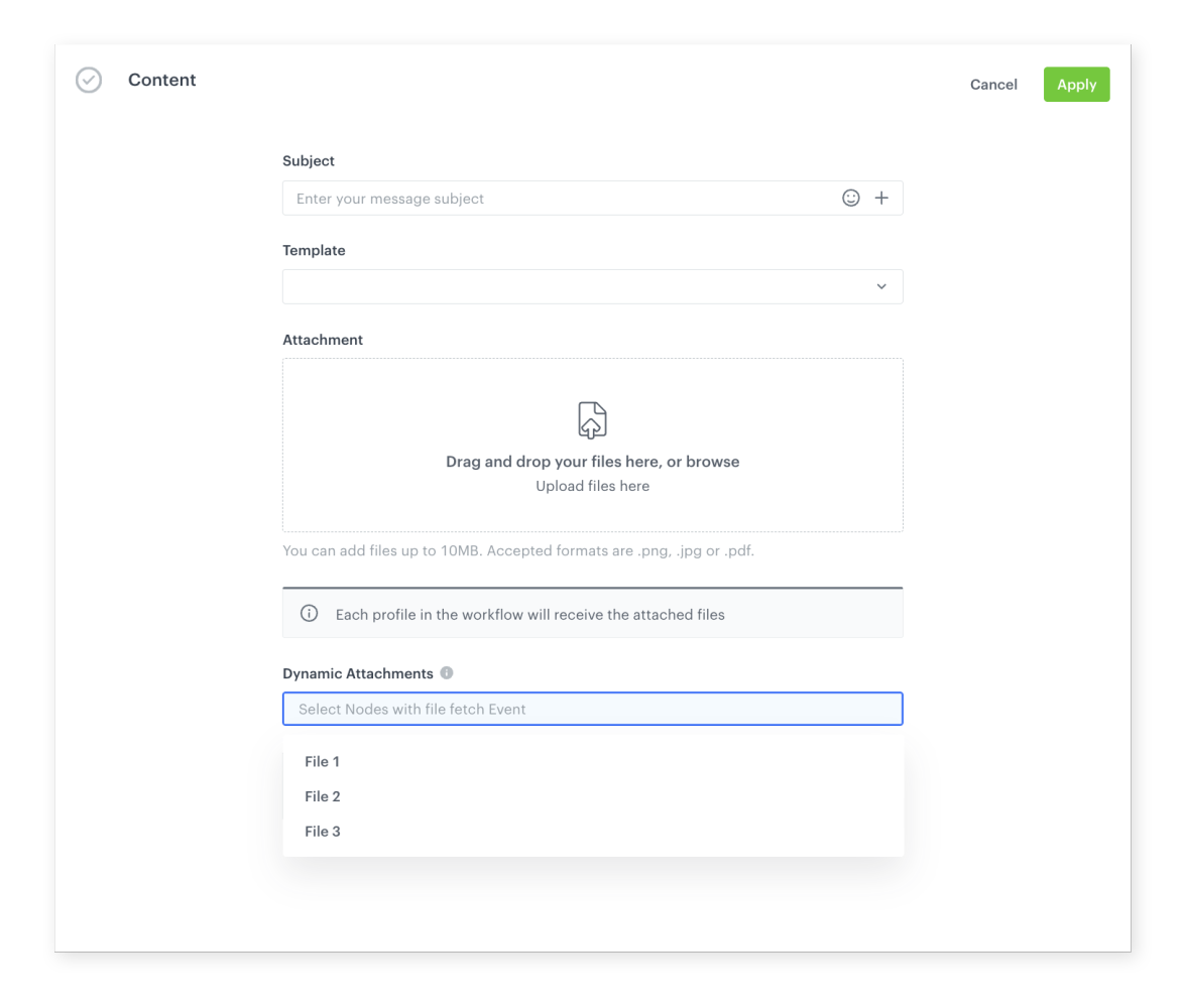 Synerise Dynamic Attachments workflow showing the API upload, event creation, and email delivery process