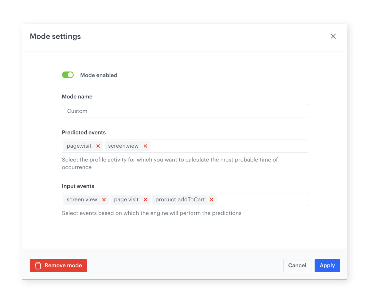 Synerise Time Optimizer configuration showing multiple predicted event support for comprehensive engagement analysis