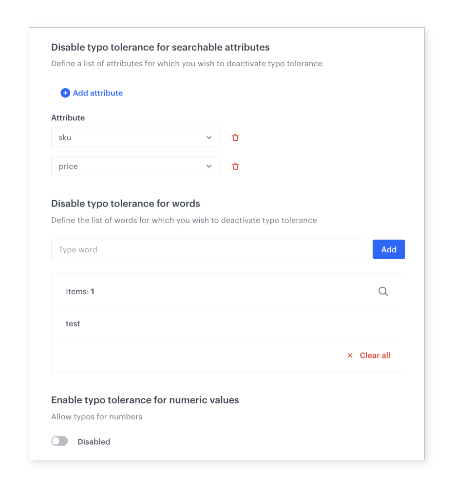 Synerise AI Search configuration showing typo tolerance settings with exact match options for specific attributes