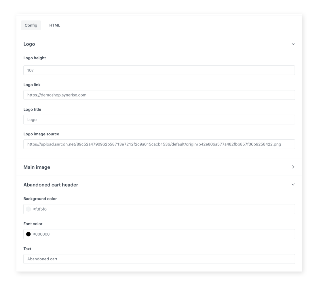 Synerise custom email template builder showing the configuration form with editable variables for no-code customization