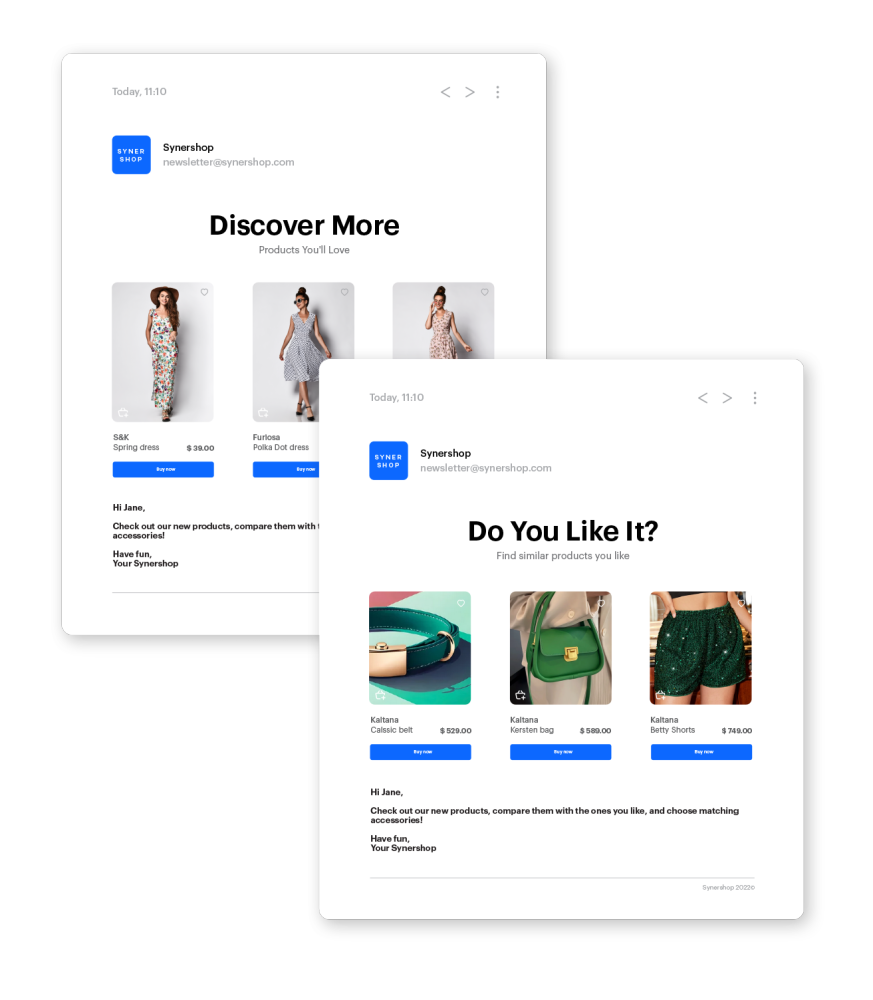 Synerise predefined dynamic email templates showing abandoned cart and product recommendation scenarios