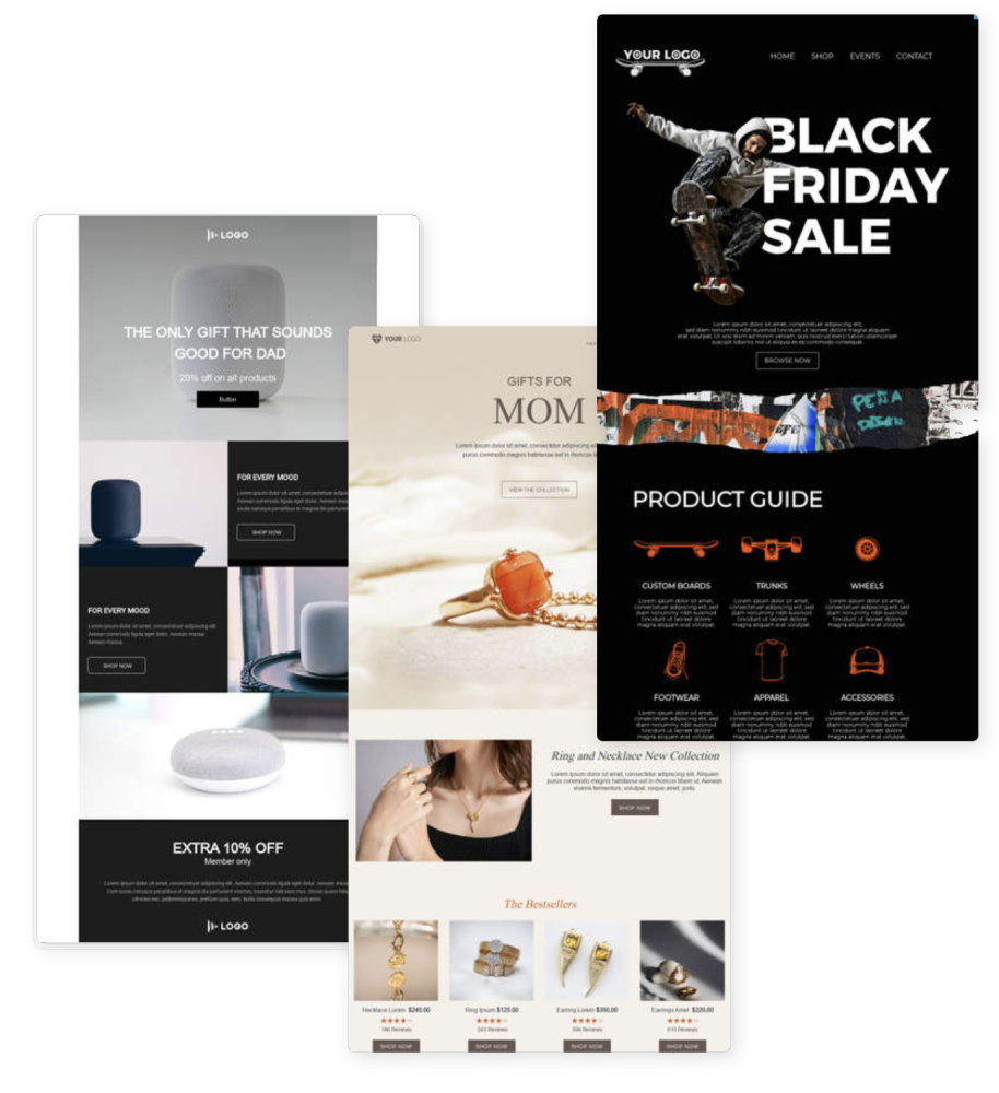 Synerise predefined simple email templates showing newsletter, product offer, and survey designs