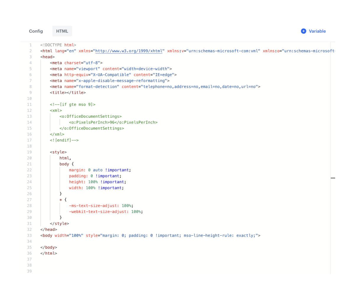 Synerise refreshed email code editor showing the HTML All-in-One Bookmark with consolidated CSS styles