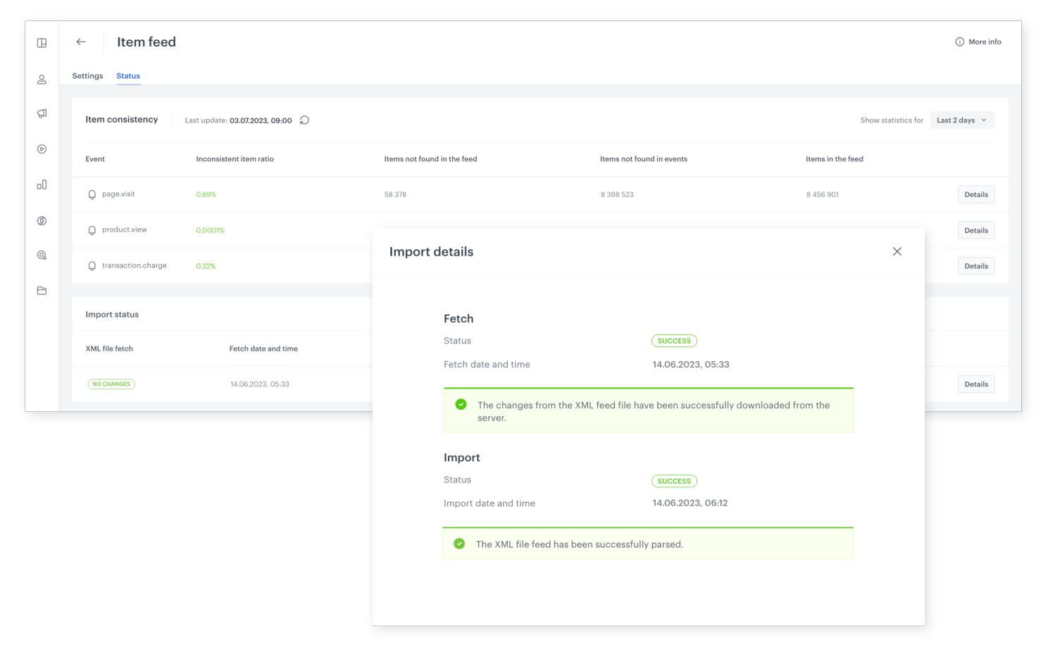 Synerise Import Status section showing Google Merchant Feed health monitoring with error summaries and import dates