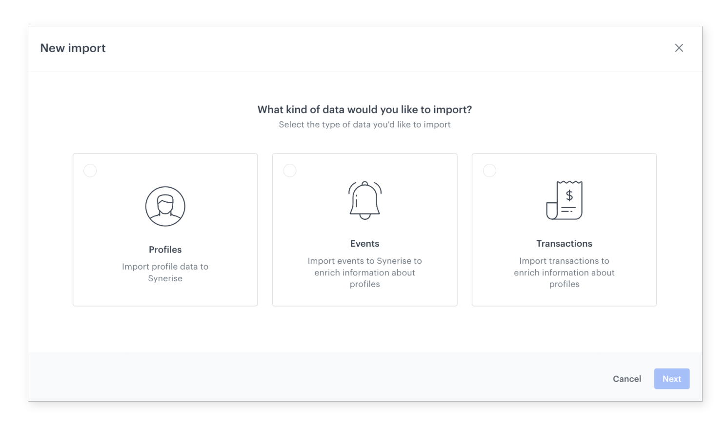 Synerise Data Import wizard showing the step-by-step interface for importing profiles, transactions, and custom events