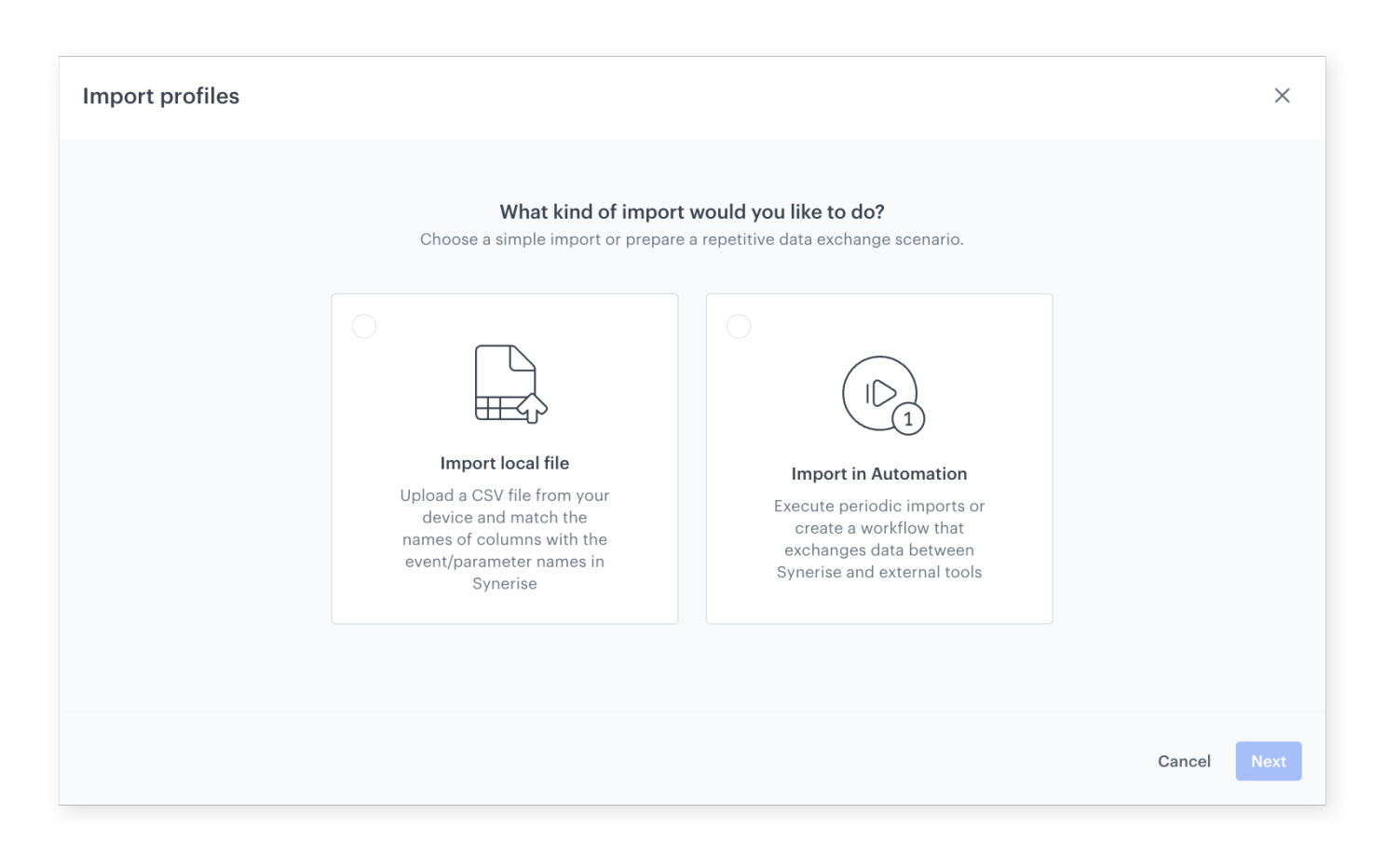 Synerise Data Import showing two available methods: local CSV file upload and predefined Automation workflow template