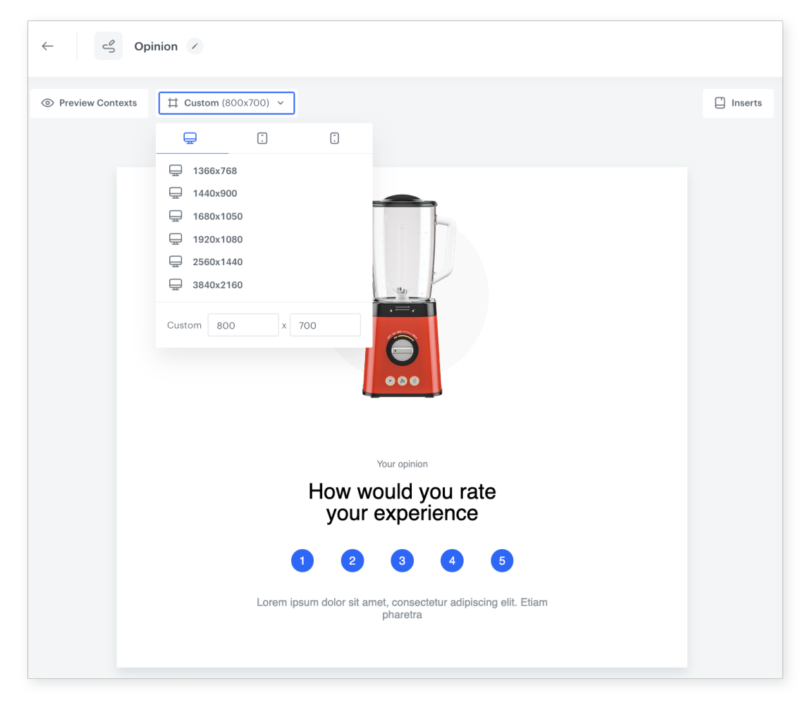 Synerise viewport-based preview showing template appearance across different device sizes and resolutions