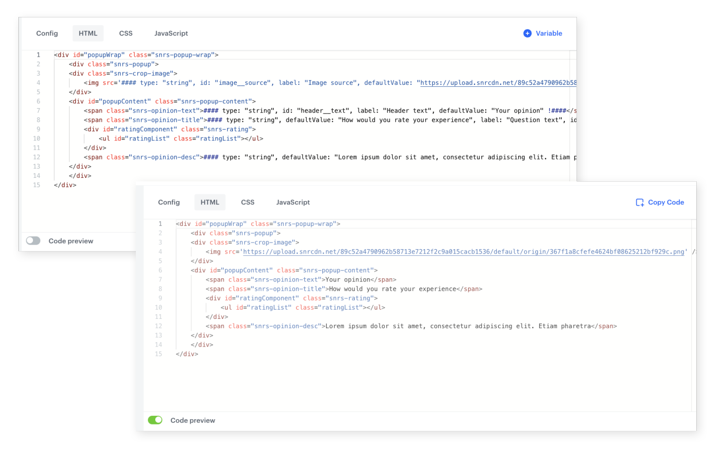 Synerise code preview showing template HTML with rendered variable values for debugging