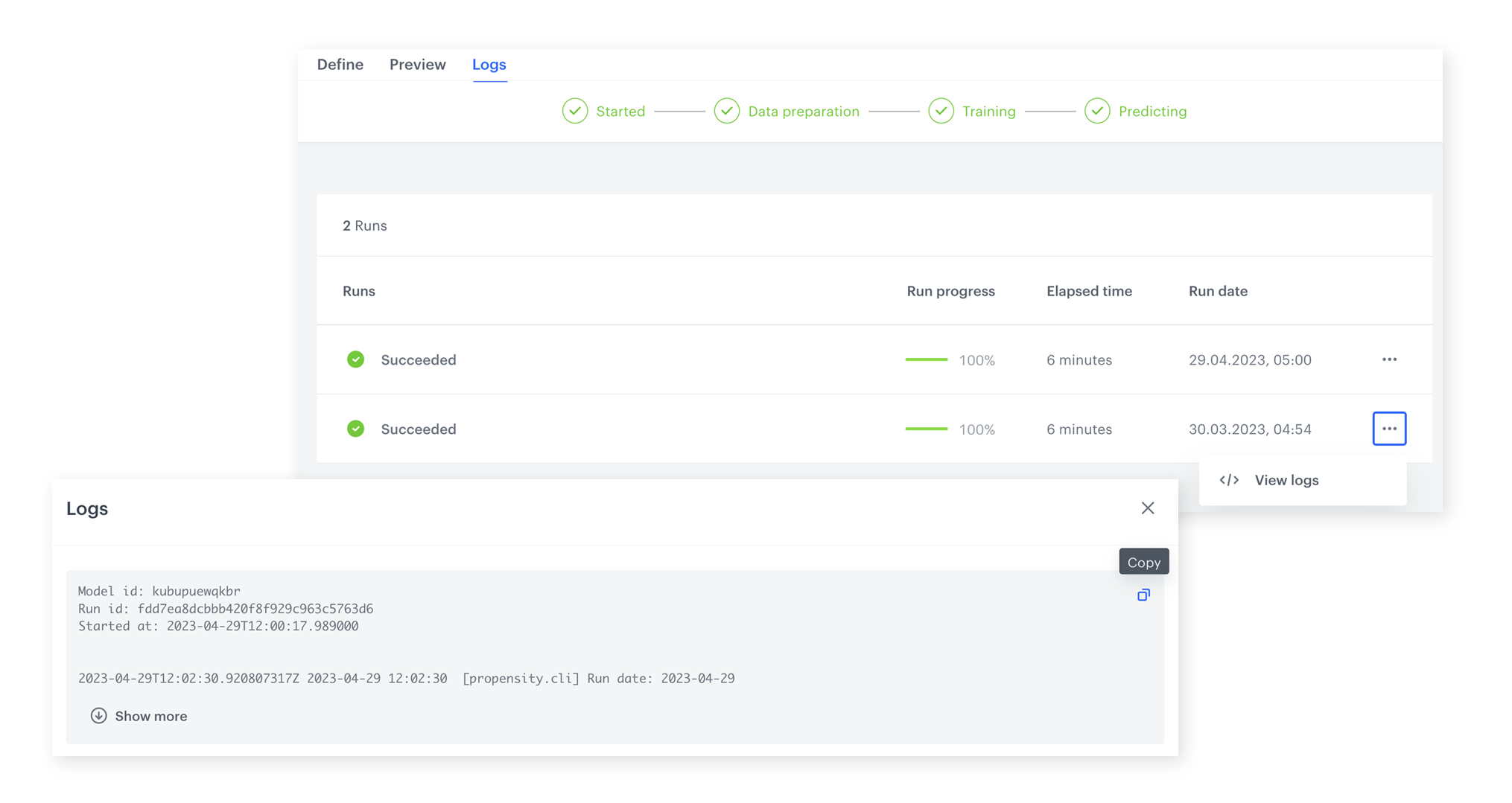 Synerise Prediction Logs tab showing run history with stage progress, duration, and status details