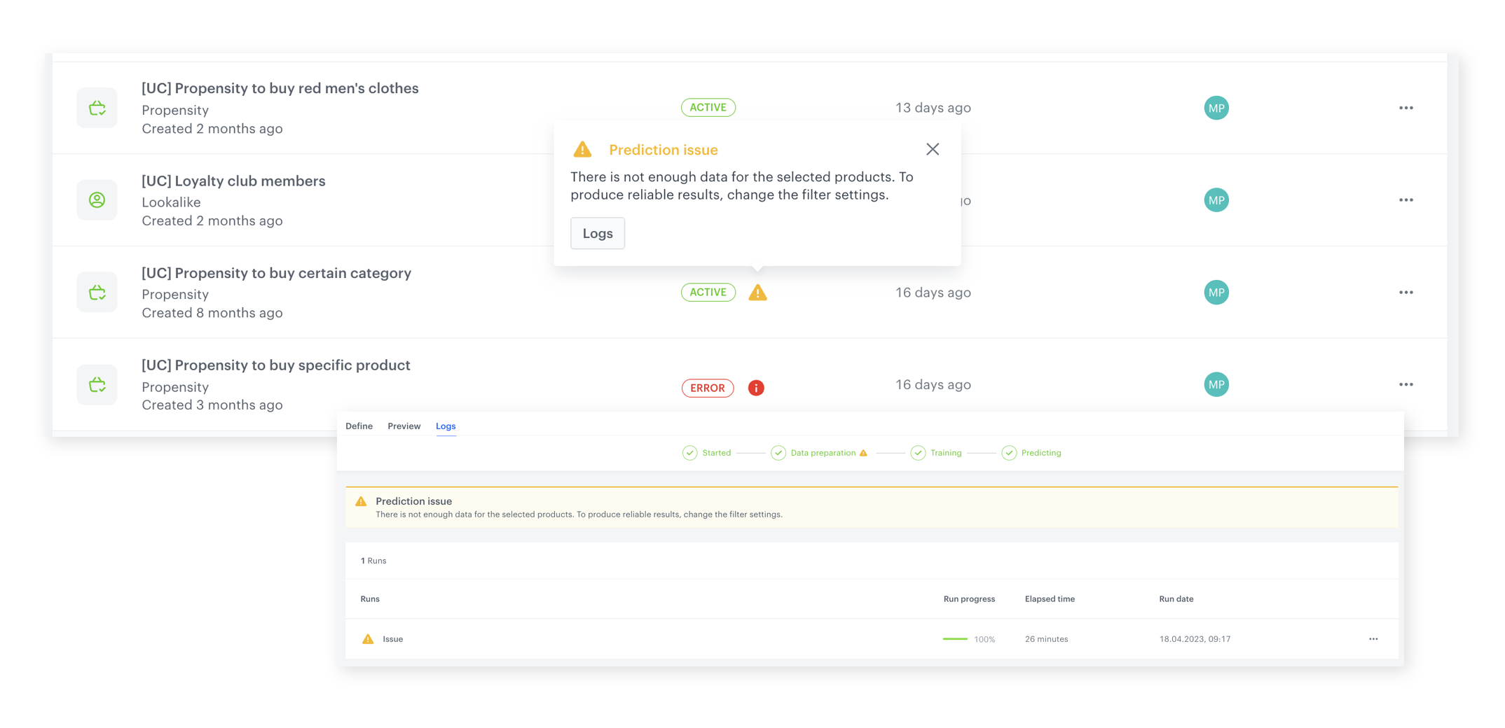 Synerise prediction error and warning messages showing data quality issue identification at listing and individual levels