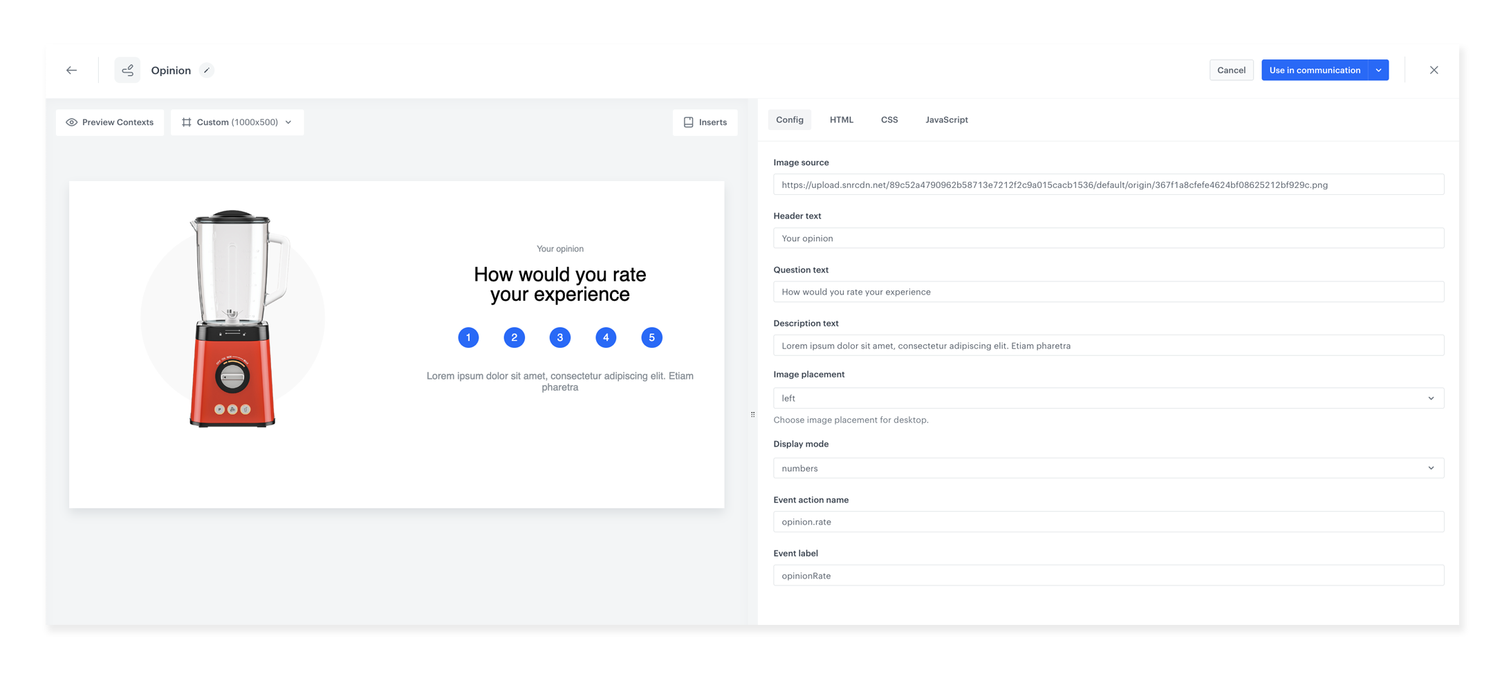 Synerise refreshed Template Builder showing the configuration form with editable variables for no-code template customization