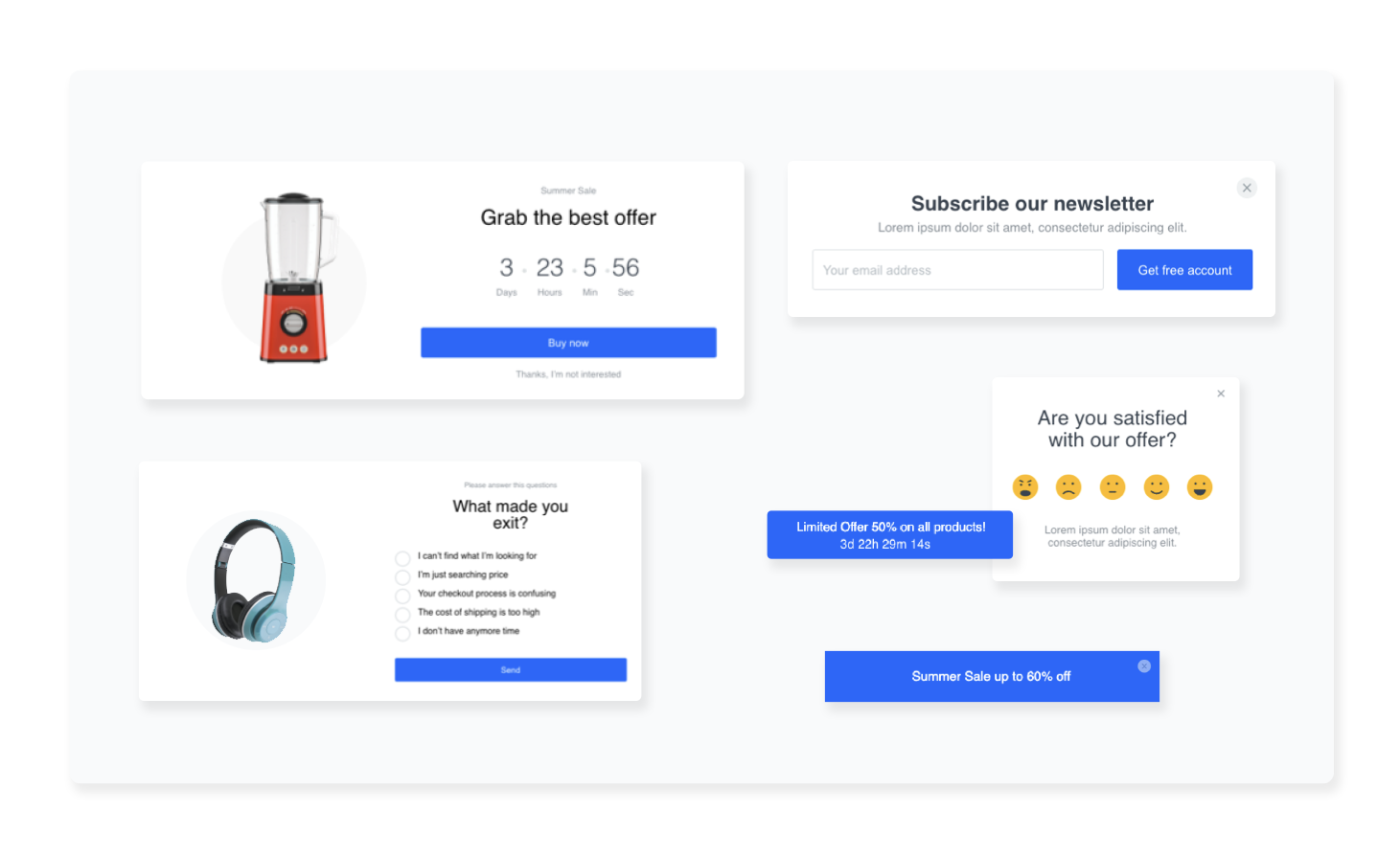 Synerise predefined Dynamic Content templates showing examples of recommendation carousels, banners, and popup designs