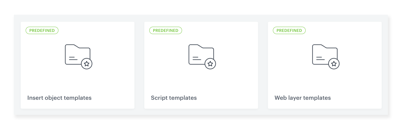 Synerise predefined template library showing organized folders for inserted objects, web layers, and utility scripts