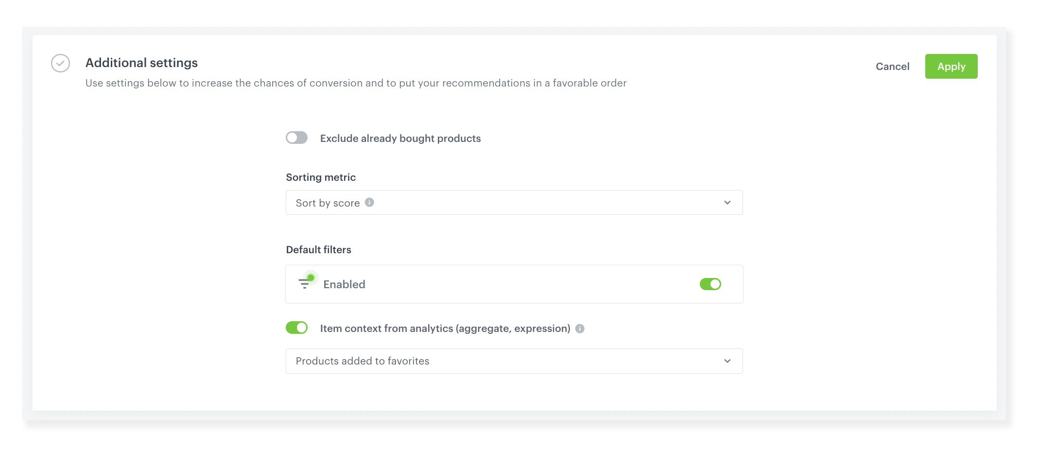 Synerise recommendation configuration showing the Item Context from Analytics toggle with aggregate and expression options