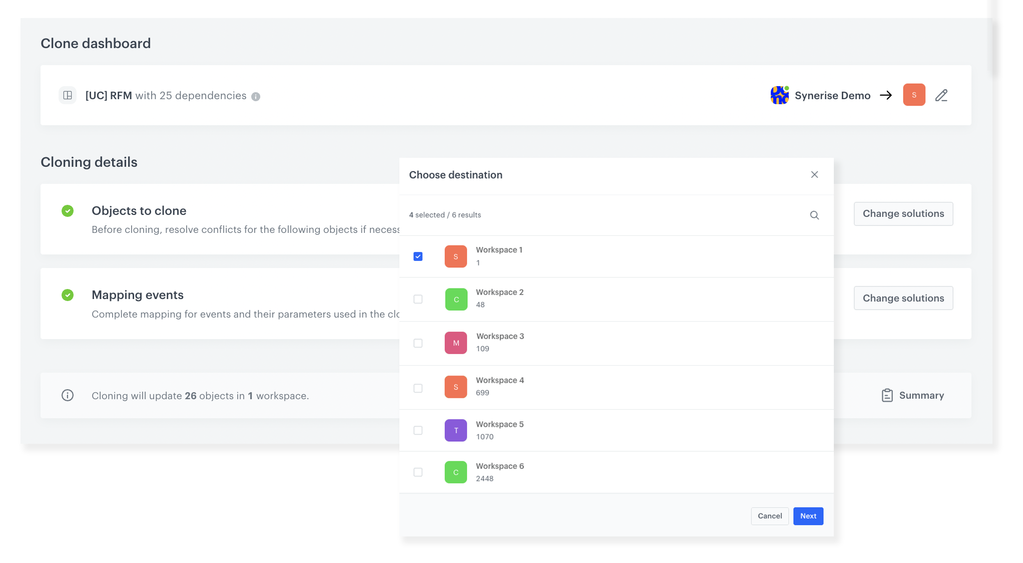 Synerise dashboard cloning interface showing workspace selection and event mapping for cross-workspace duplication