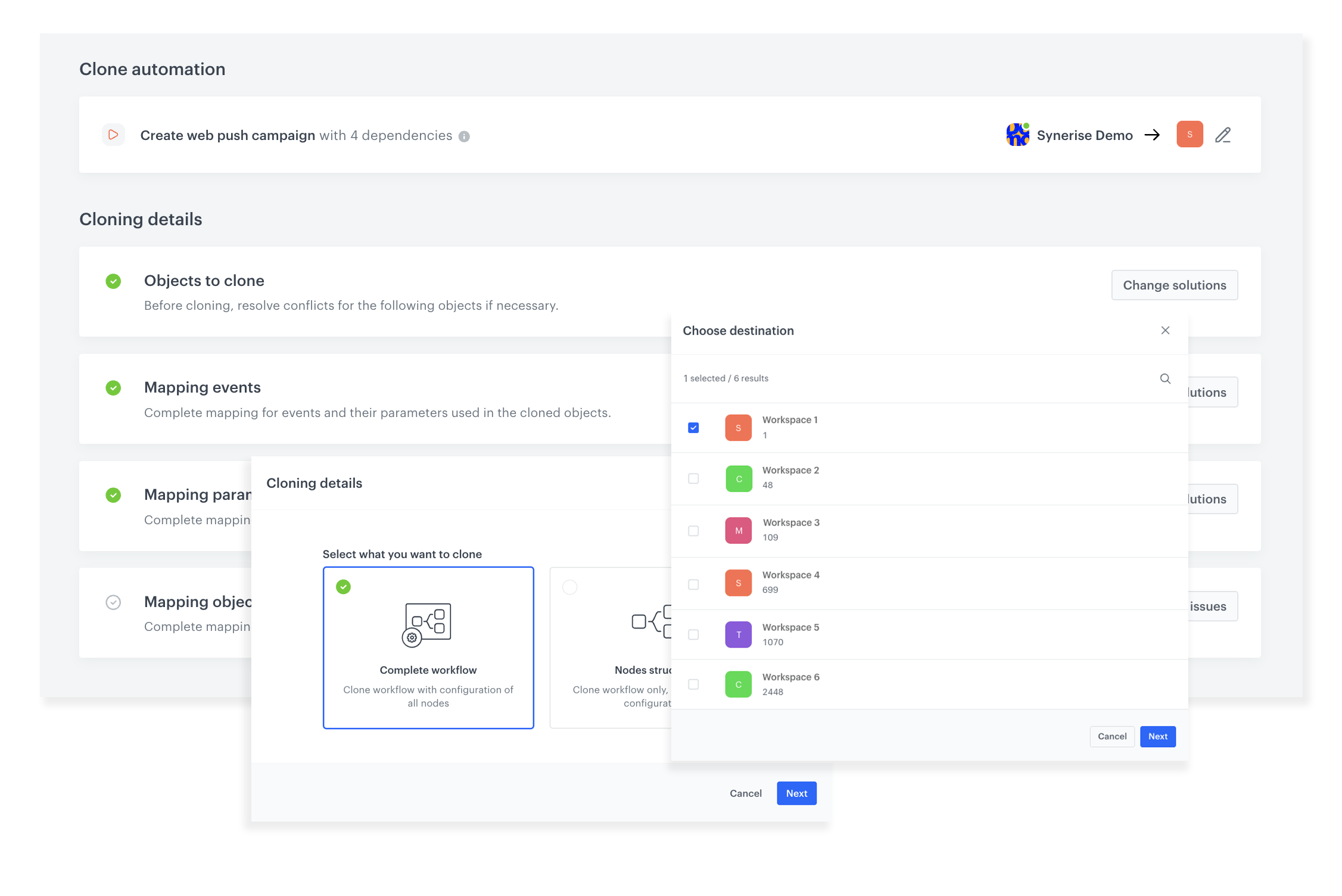 Synerise cloning interface showing campaign and workflow duplication to other workspaces with dependency analysis