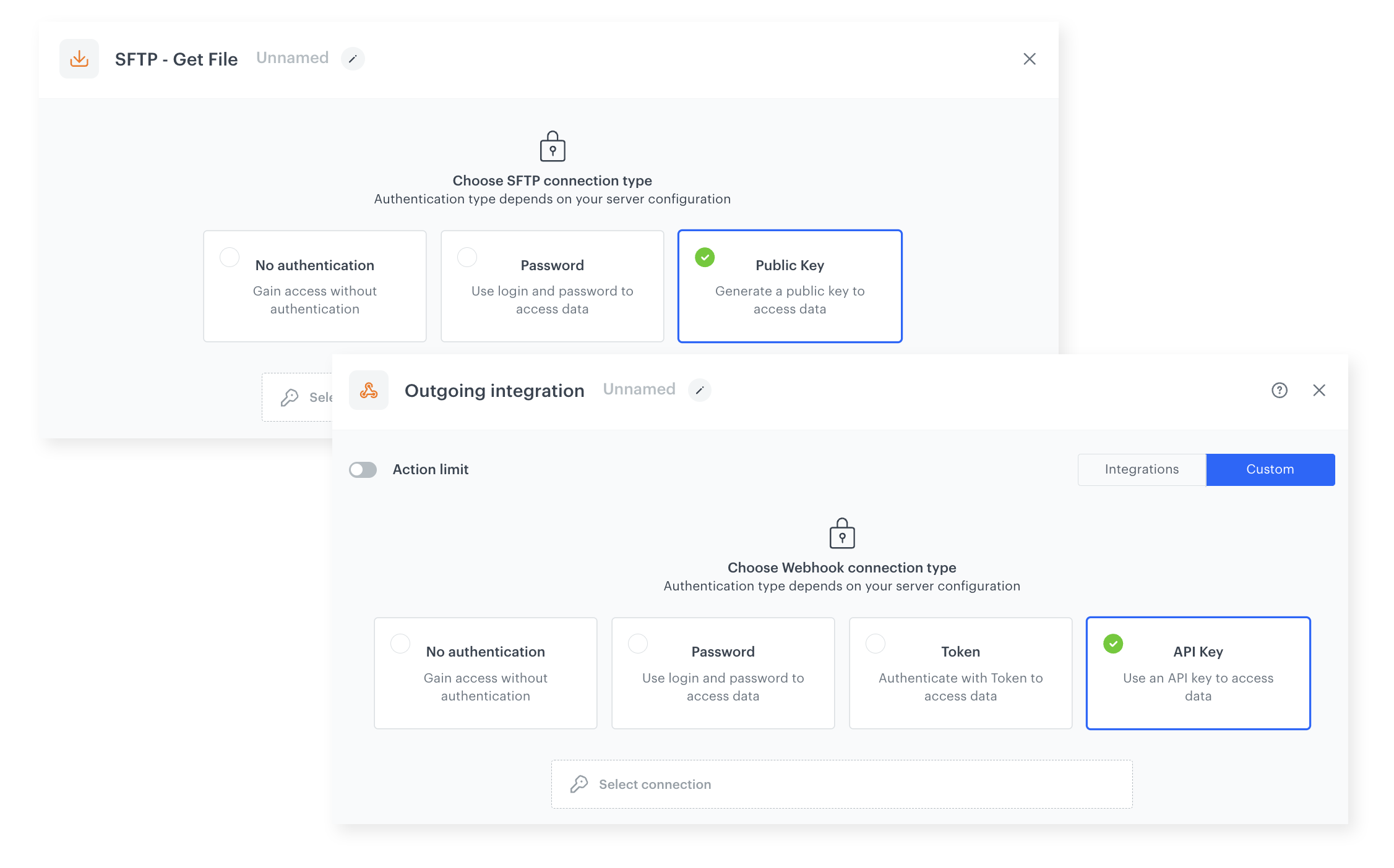 Synerise Connection configuration showing unified authentication for SFTP integration in the Automation module