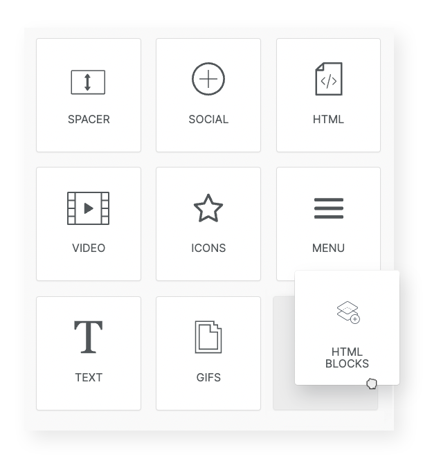 Synerise Dynamic Content builder showing the pre-designed HTML block library with recommendation and personalization options