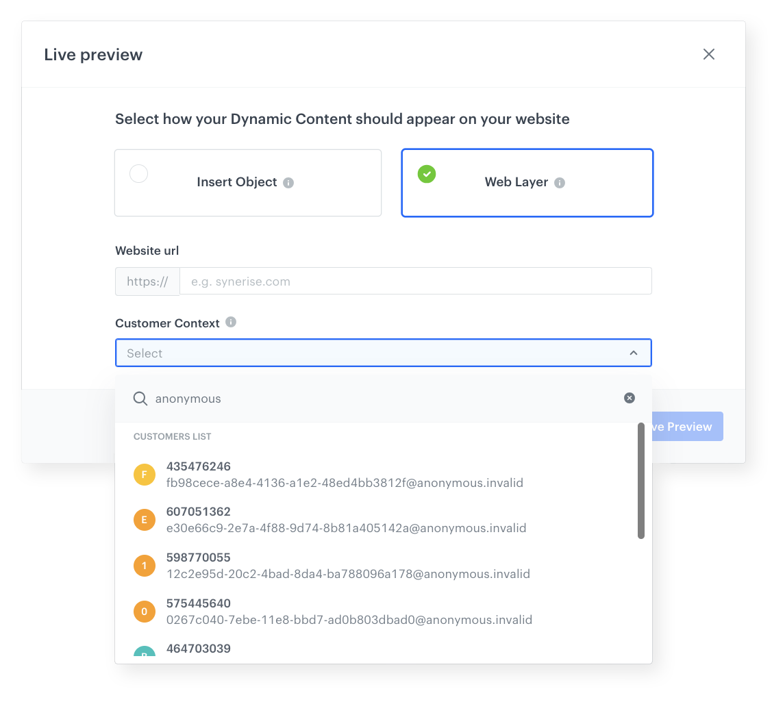 Synerise Live Preview wizard for testing Dynamic Content campaigns on a live website before launch
