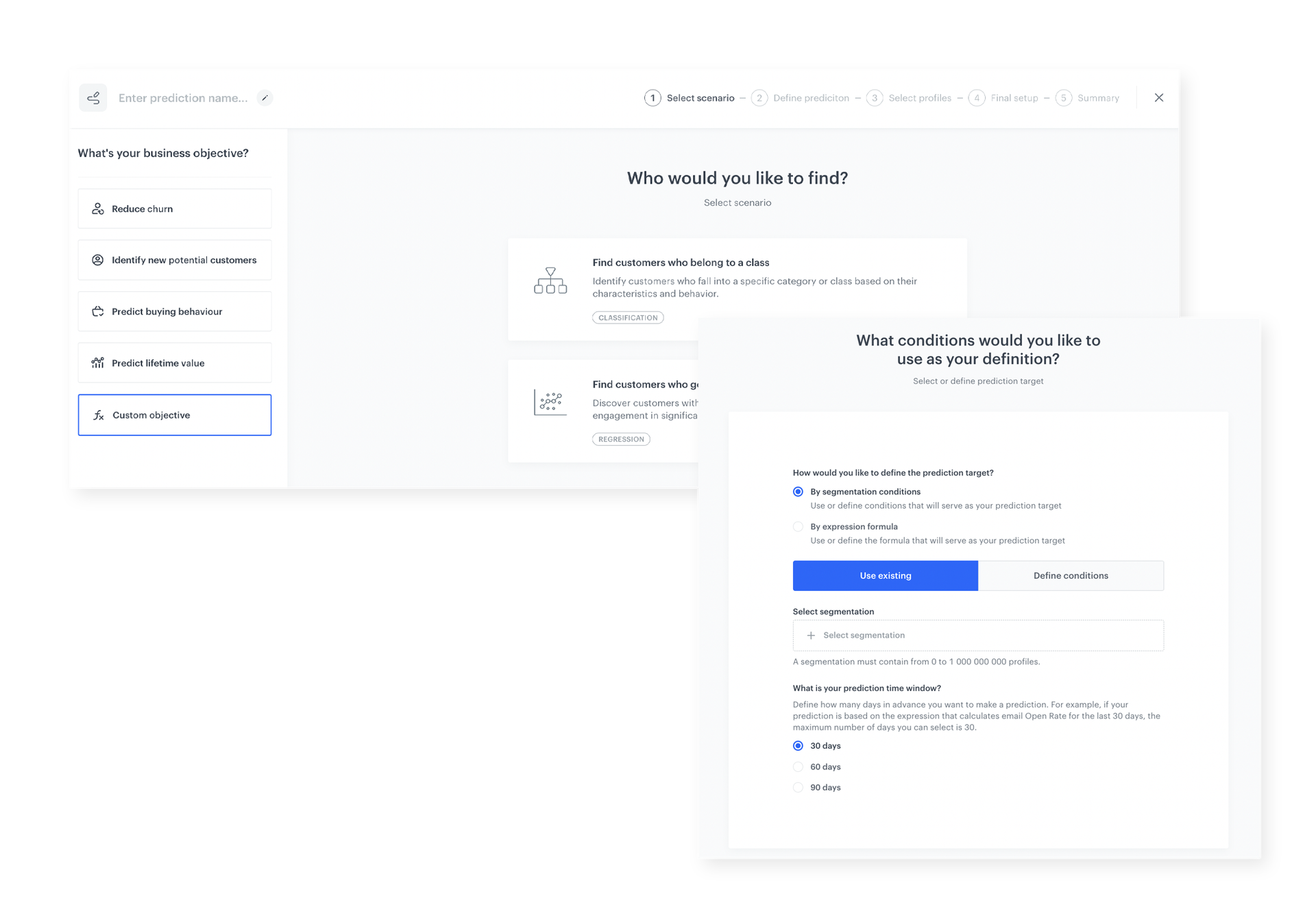 Synerise simplified custom predictions creator showing the guided step-by-step prediction setup process