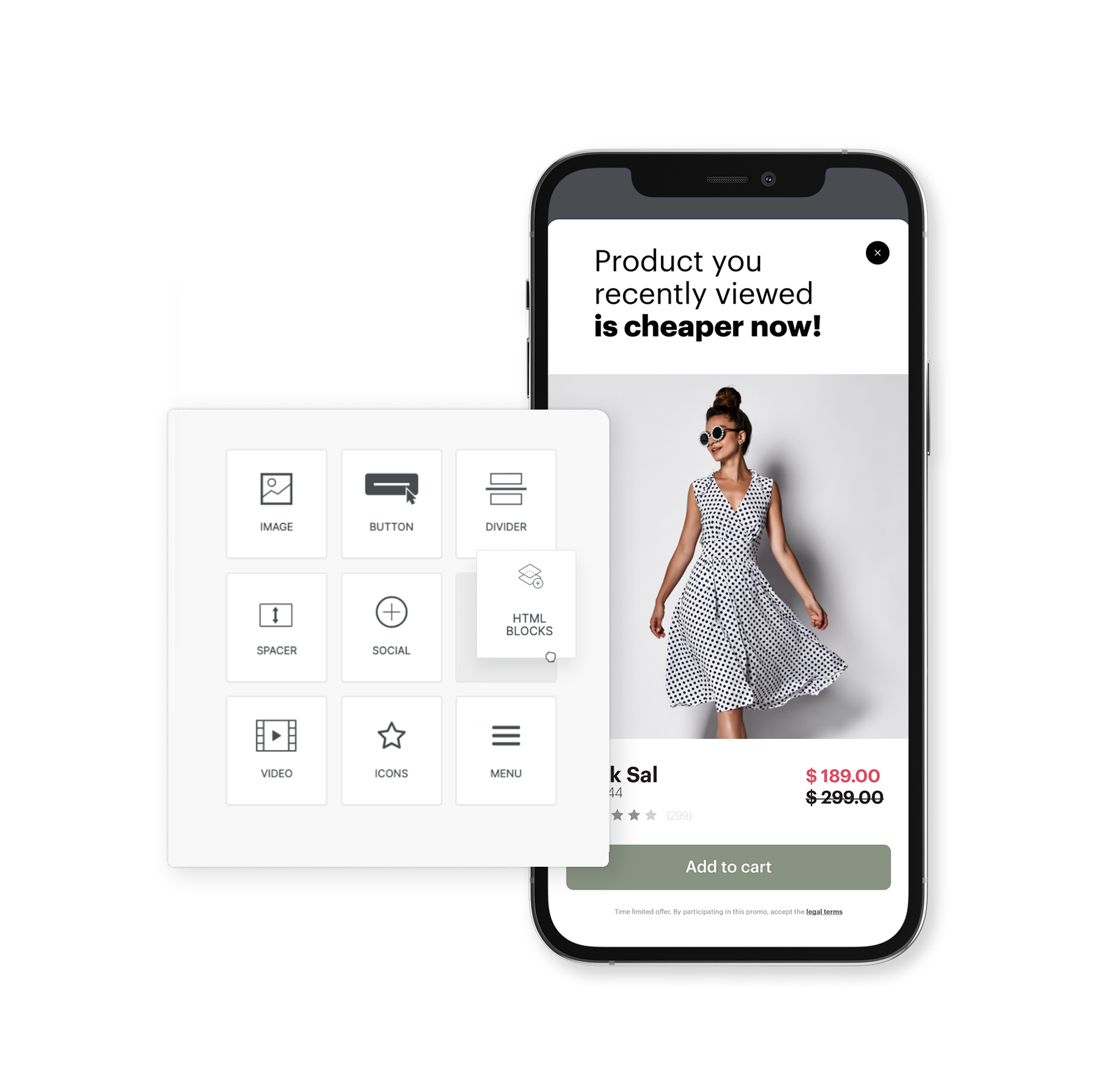 Synerise in-app message builder showing custom HTML block creation and library management