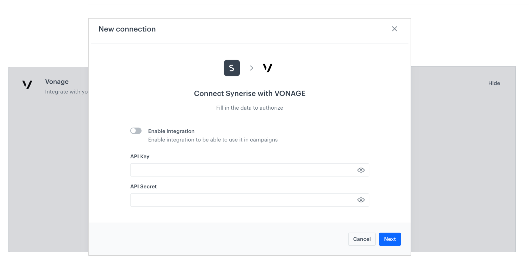 Synerise Vonage integration setup showing the connection configuration with Vonage SMS service provider