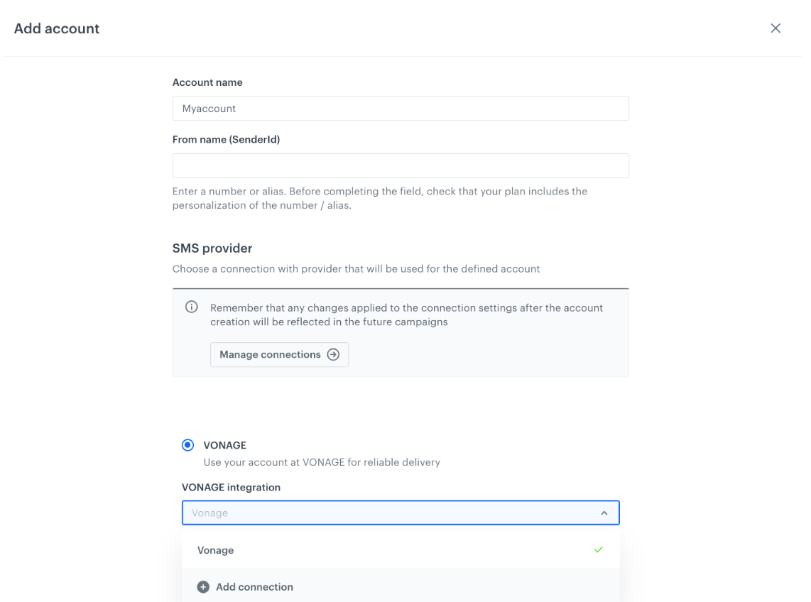 Synerise connection configuration for Vonage showing credentials entry and SMS account setup