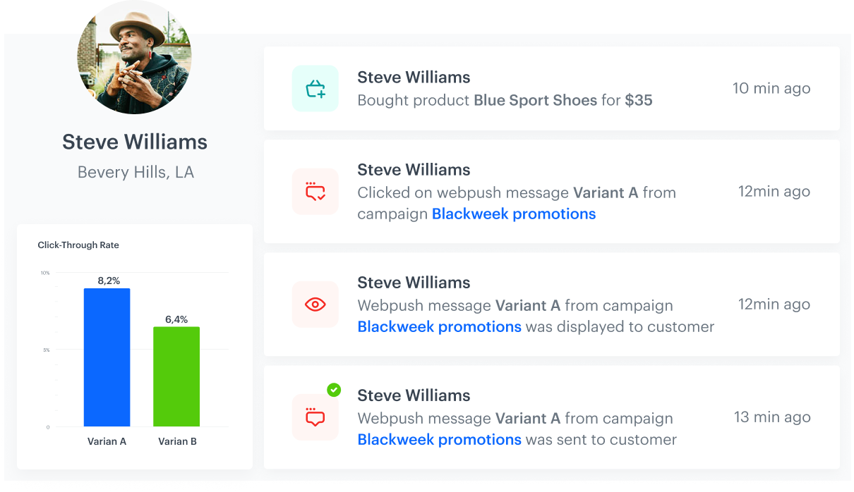 Synerise analytics dashboard showing web push notification performance with button click tracking and user journey analysis