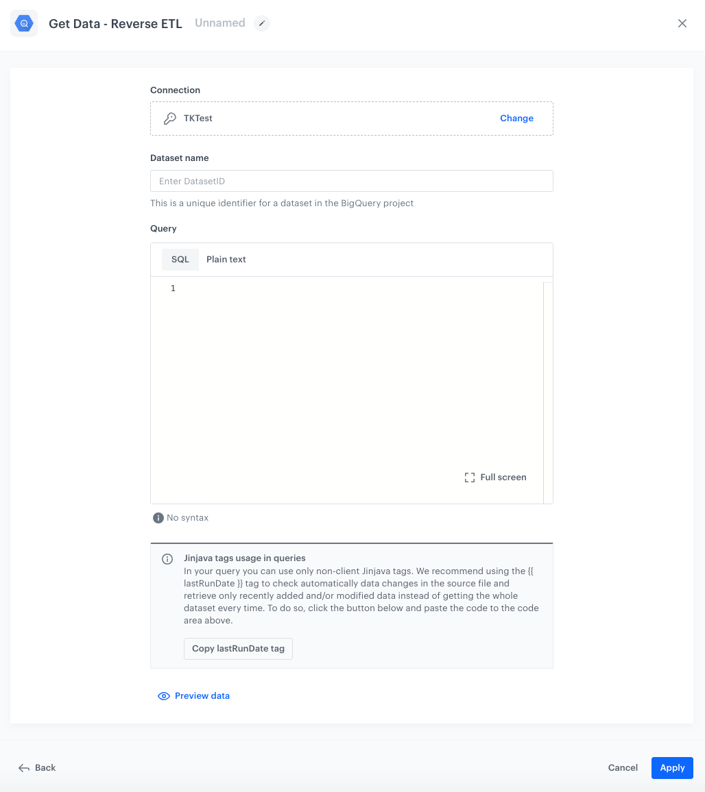 Synerise Reverse ETL node configuration showing SQL query editor with Jinjava support and data preview