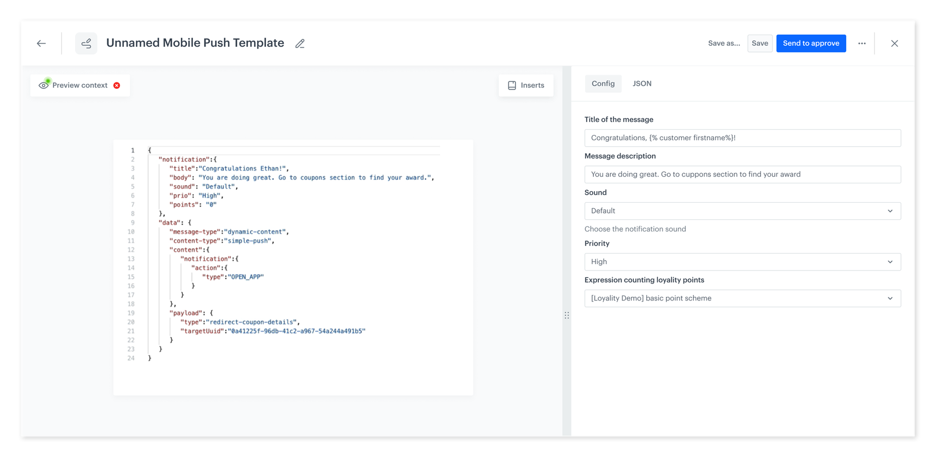 Synerise custom configuration forms in the mobile push code editor for no-code template editing