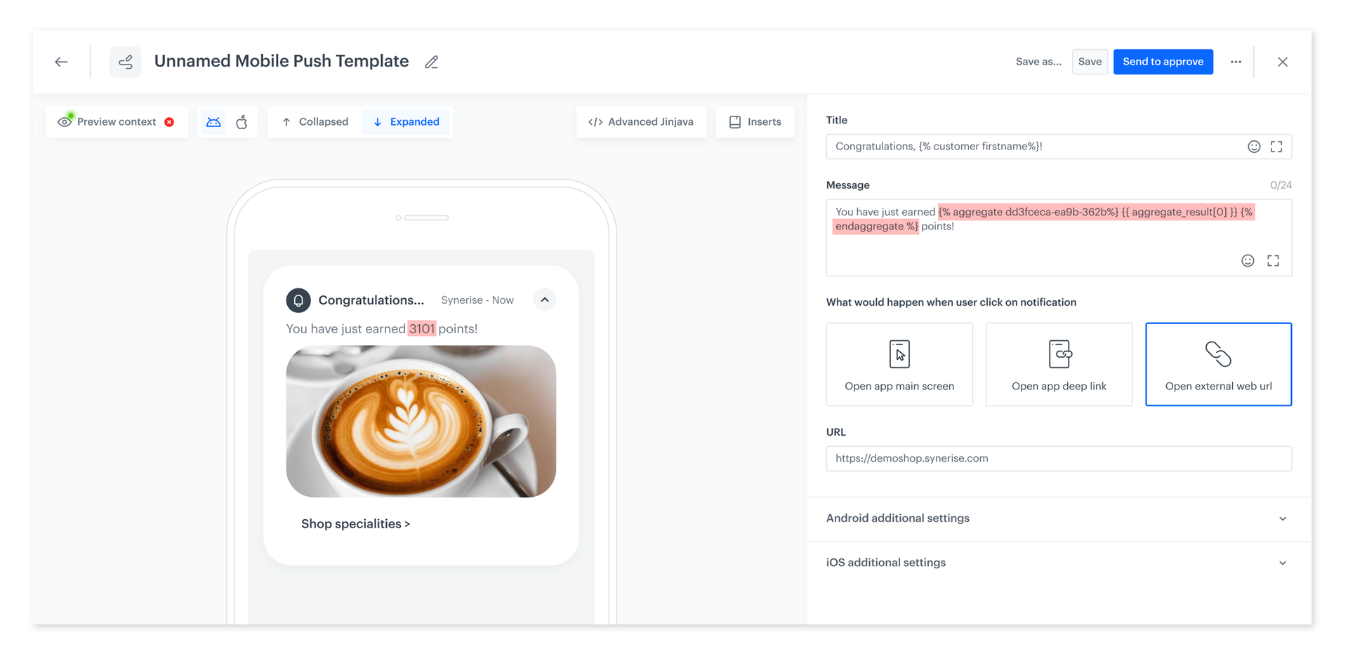 Synerise Jinjava preview showing real-time rendering of personalized mobile push content for a specific customer