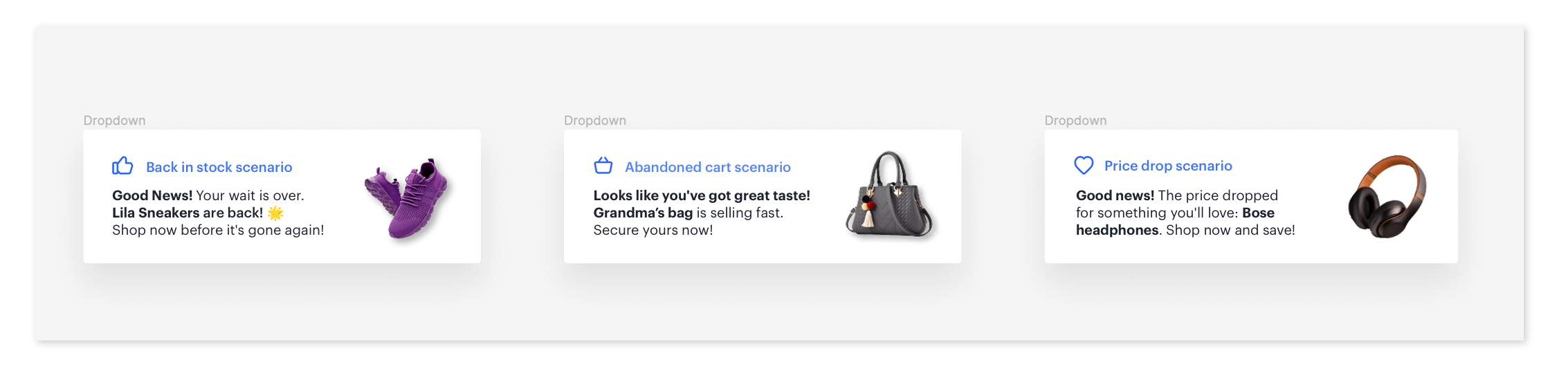 Synerise mobile push campaign use case examples including abandoned cart, price drop, and back-in-stock notifications