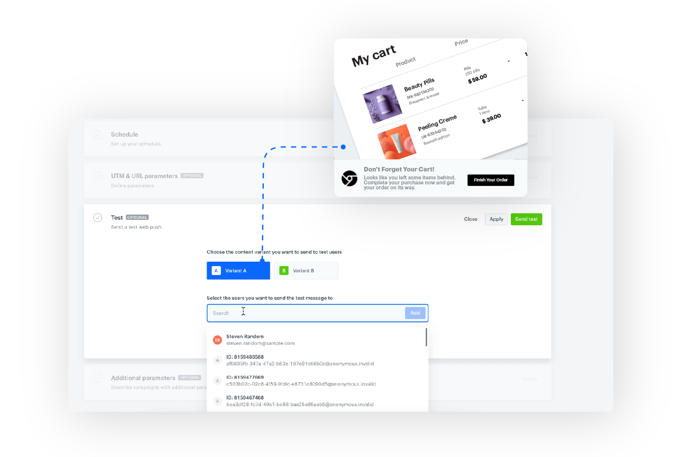 Synerise push notification testing interface showing real-time test delivery with dynamic content rendering