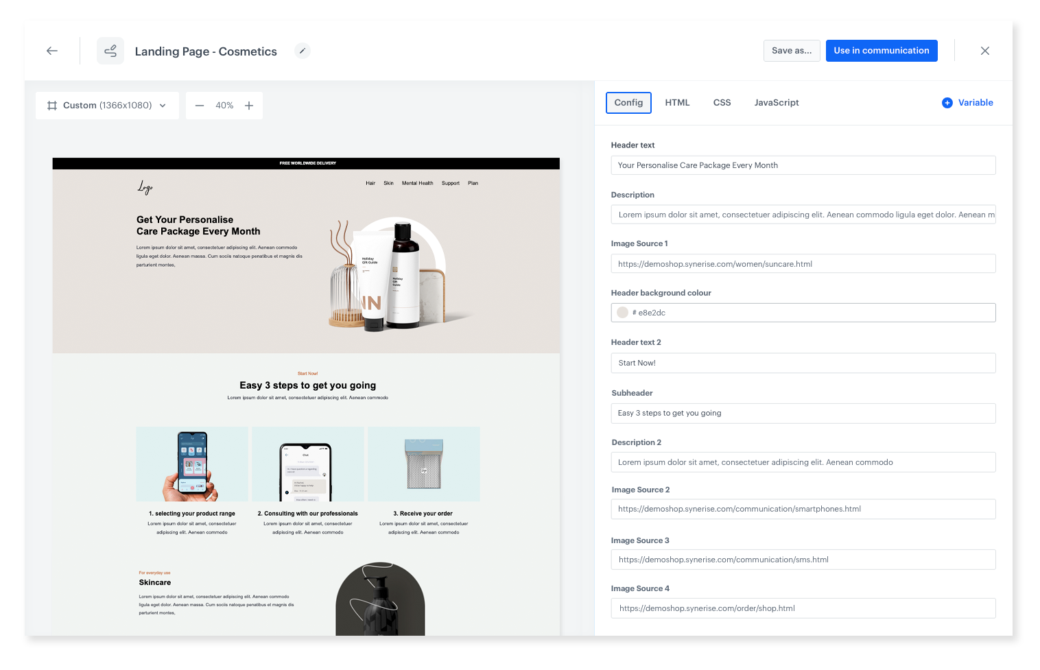 Synerise refreshed code editor for landing pages with configuration forms enabling no-code template editing