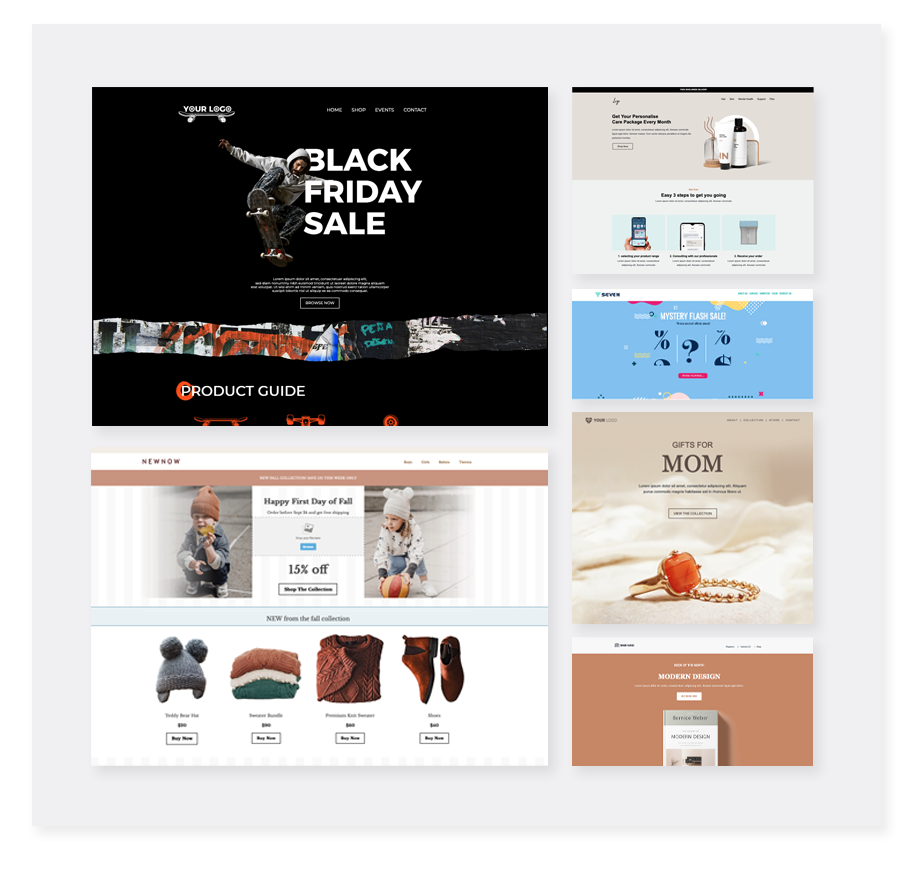 Synerise predefined landing page templates showing multiple business scenario designs ready for customization