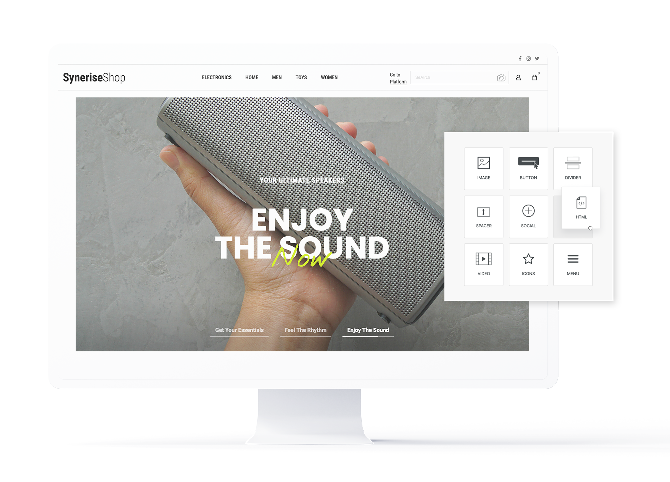 Synerise Landing Page drag-and-drop builder interface for visual page creation without coding