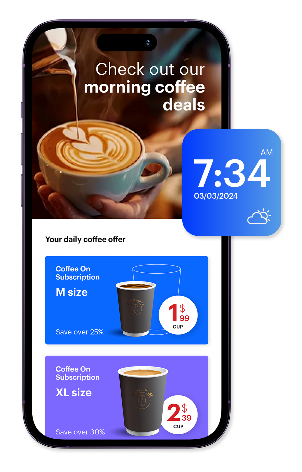 Synerise landing page with time-of-day personalization adjusting messaging and offers based on browsing time